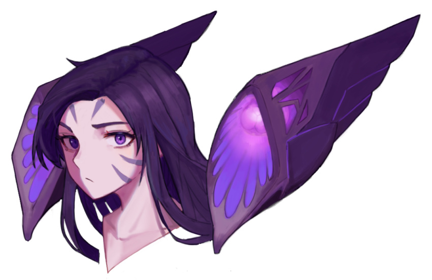 1girl closed_mouth collarbone face facial_mark floating floating_object floating_weapon forehead_mark kai'sa league_of_legends looking_at_viewer purple_hair simple_background solo suk180 upper_body violet_eyes weapon whisker_markings white_background
