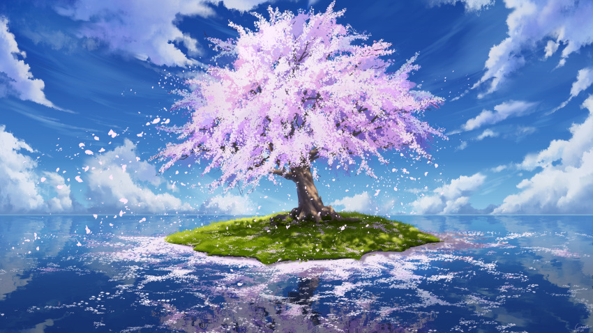 absurdres blue_sky bread_fqy cherry_blossoms clouds commentary_request grass highres no_humans ocean original outdoors reflection scenery sky tree water