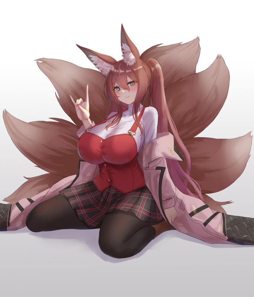 1girl animal_ear_fluff animal_ears bangs black_legwear blush breasts brown_hair closed_mouth commentary commission fox_ears fox_shadow_puppet fox_tail full_body gradient gradient_background green_eyes grey_background hair_between_eyes highres jacket kneeling large_breasts long_hair long_sleeves looking_at_viewer multiple_tails original pantyhose pink_jacket plaid plaid_skirt plushmallow satou_aji simple_background skeb_commission skirt smile solo tail twintails
