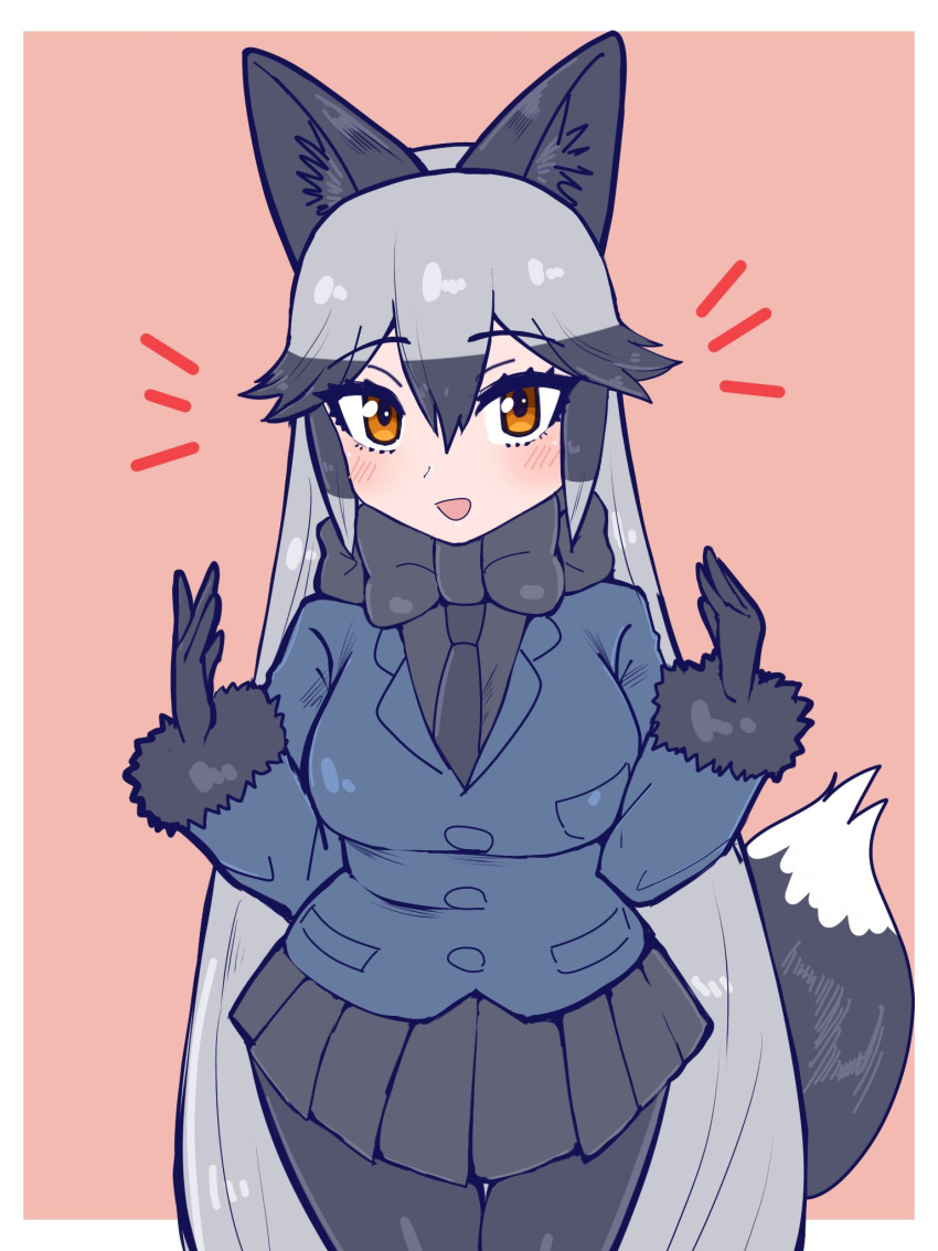 1girl animal_ears aramaru black_bow black_bowtie black_fur black_gloves black_necktie blue_coat blue_jacket bow bowtie breasts coat extra_ears fox_ears fox_girl fox_tail fur-trimmed_sleeves fur_trim gloves grey_hair highres jacket kemono_friends kemono_friends_3 khakis large_breasts looking_at_viewer necktie orange_eyes pantyhose silver_fox_(kemono_friends) solo tail