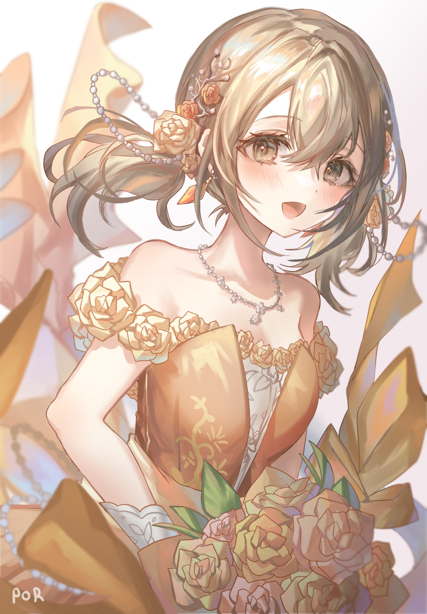 1girl :d azusawa_kohane bangs bare_shoulders blurry blush bouquet brown_eyes brown_hair commentary cowboy_shot crossed_bangs dress earrings flower hair_between_eyes hair_flower hair_ornament highres holding holding_bouquet jewelry looking_at_viewer necklace open_mouth orange_dress poru32406042 project_sekai rose signature smile solo symbol-only_commentary
