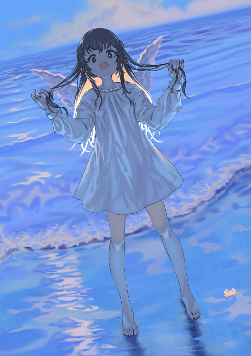 1girl barefoot black_hair blue_sky clouds cloudy_sky dress full_body highres long_hair long_sleeves looking_at_viewer ocean open_mouth original sky solo water waves white_dress wings