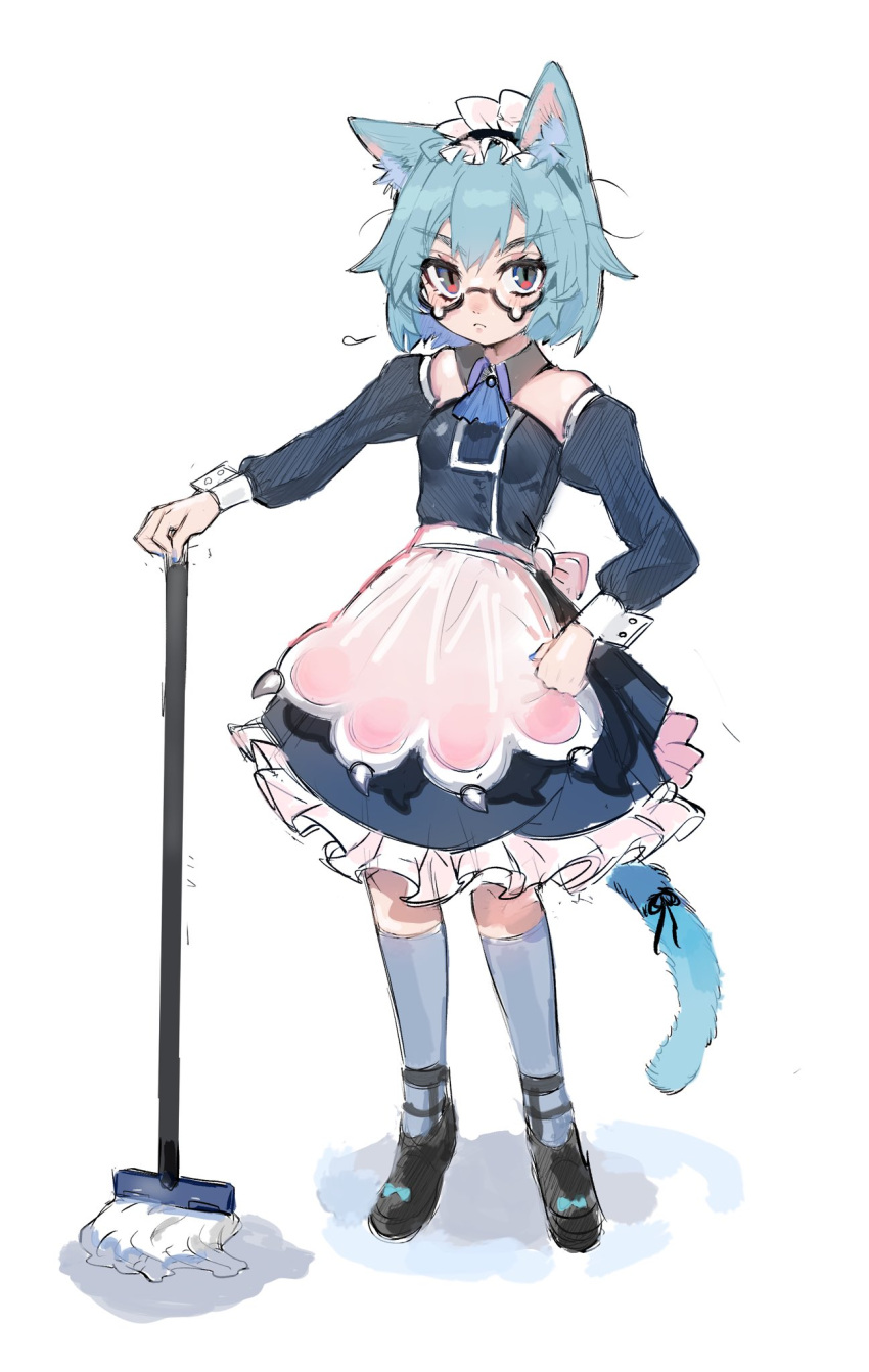 1girl animal_ear_fluff animal_ears apron aqua_ribbon black-framed_eyewear black_ribbon blue_eyes blue_hair blue_nails blue_neckerchief cat_ears cat_girl cat_tail closed_mouth eyebrows_visible_through_hair fingernails frills frown glasses grey_background hand_on_hip highres holding holding_mop looking_at_viewer maid maid_apron maid_headdress maido_mido mop multicolored_eyes neckerchief original red_eyes ribbon short_hair simple_background slit_pupils solo tail tail_ornament tail_ribbon