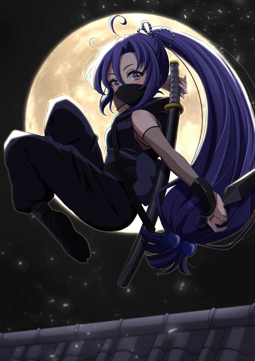 1girl absurdres ahoge bangs black_mask breasts commentary fishnets full_body full_moon high_ponytail highres katana kunai light_particles long_hair looking_at_viewer low-tied_long_hair mask moon mouth_mask night night_sky ninja ninja_mask original ponytail pukonuu purple_hair rooftop sheath sidelocks sky small_breasts solo sword very_long_hair violet_eyes weapon