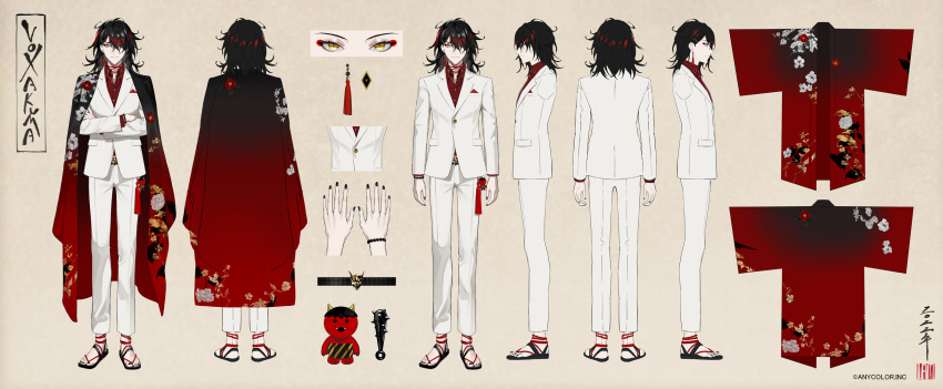 1boy bead_bracelet beads belt black_belt black_footwear black_hair black_nails bracelet breast_pocket character_name character_sheet copyright_name demon doll dress_shirt earrings floral_print hair_ornament hairclip handkerchief highres jacket japanese_clothes jewelry kimono kimono_on_shoulders lam_(ramdayo) makeup medium_hair multicolored_hair multiple_views nail_polish nijisanji nijisanji_en oni_giri_(vox_akuma) pants pocket red_eyeliner red_kimono red_shirt redhead rope_around_feet sandals shirt signature single_earring tassel tassel_earrings virtual_youtuber vox_akuma white_jacket white_pants yellow_eyes