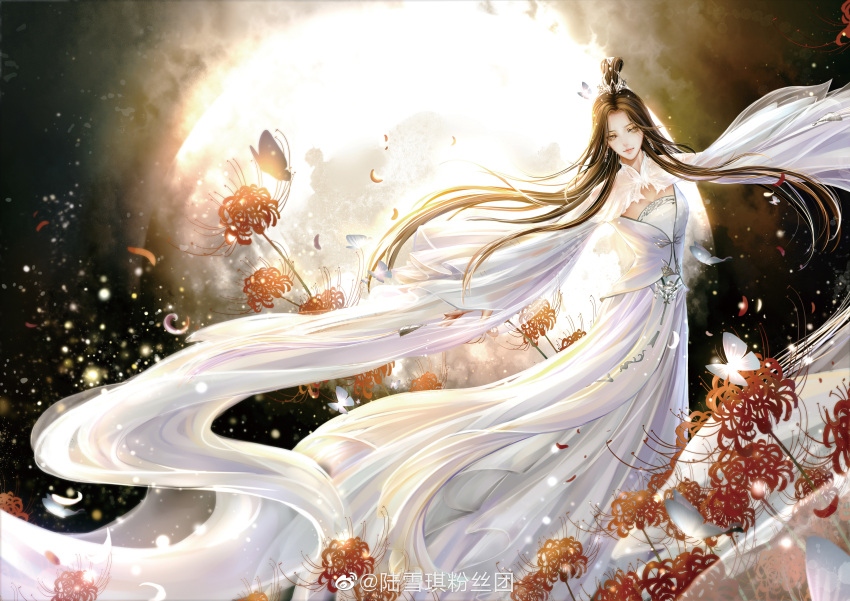 1girl absurdres black_background brown_hair bug butterfly circle clothing_cutout dress falling_petals flower hair_bun highres light long_hair lu_xueqi_(zhu_xian) lu_xueqi_tongren_ye outstretched_arms petals solo spider_lily spread_arms white_dress zhu_xian