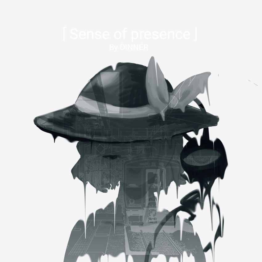 1girl abstract artist_name bow chinese_commentary commentary english_text greyscale ground_vehicle hat hat_bow highres komeiji_koishi looking_at_viewer monochrome overhead_line portrait railroad_tracks solo third_eye touhou train zhihuaiqiang