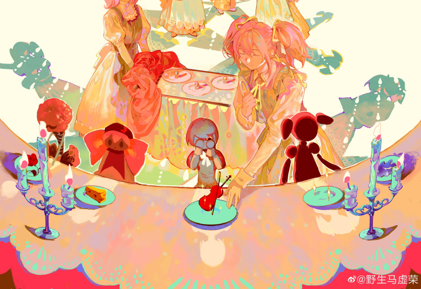 3girls absurdres anthony_(madoka_magica) apron bangs candle candlestand character_doll charlotte_(madoka_magica) cheese chinese_commentary closed_eyes commentary_request dress food hair_ribbon head_out_of_frame highres holding holding_plate ink_(303682546) instrument kaname_madoka mahou_shoujo_madoka_magica miki_sayaka multiple_girls neck_ribbon out_of_frame pink_hair plate ribbon shadow short_hair short_twintails sitting smile sparkle standing surreal table tablecloth twintails violin weibo_logo weibo_username white_dress witch_(madoka_magica)