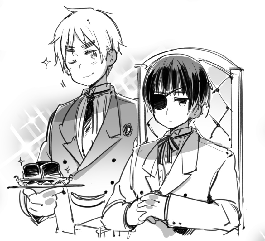 2boys axis_powers_hetalia bad_food ciel_phantomhive ciel_phantomhive_(cosplay) cioccolatodorima cosplay eyepatch himaruya_hidekazu_(style) holding holding_tray japan_(hetalia) kuroshitsuji looking_at_viewer male_focus multiple_boys official_style one_eye_closed scone sebastian_michaelis sebastian_michaelis_(cosplay) tray united_kingdom_(hetalia)