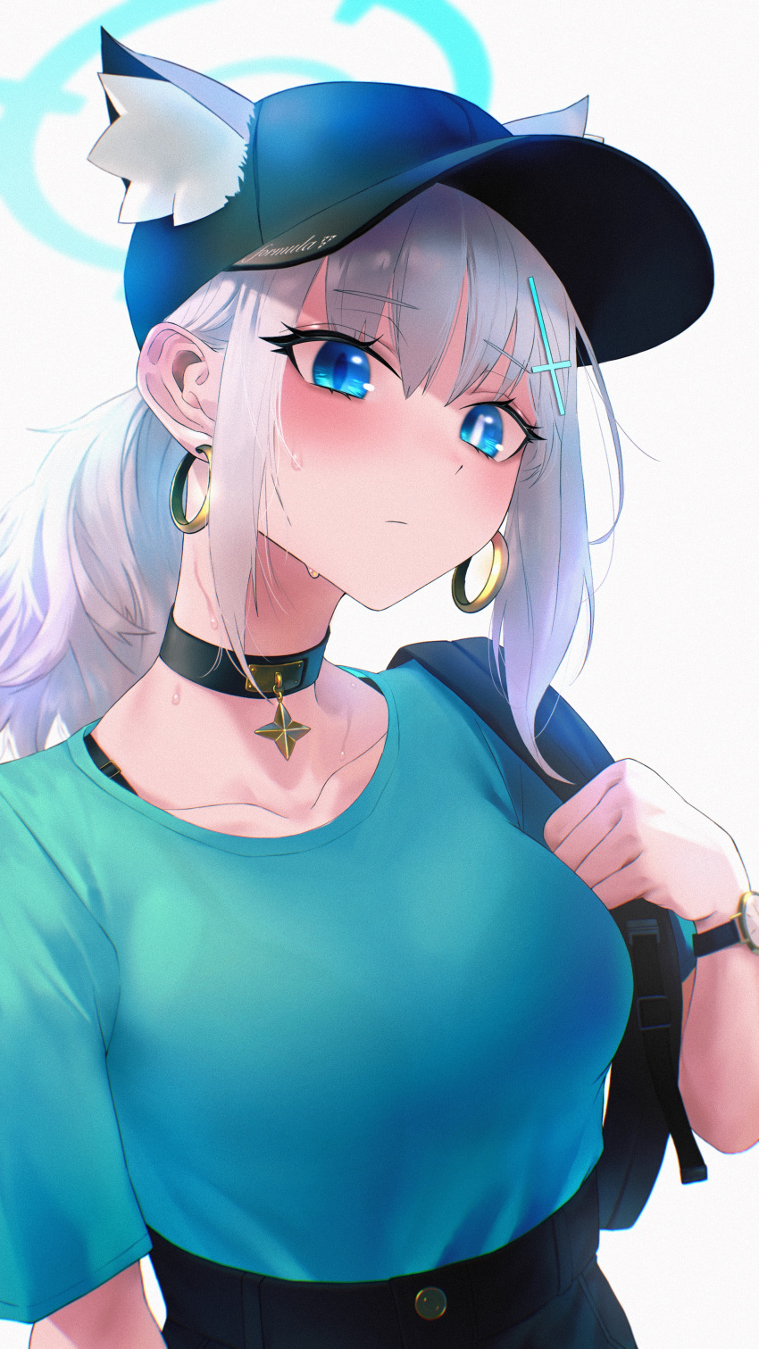 1girl :/ absurdres animal_ear_fluff animal_ears backlighting bangs baseball_cap black_choker black_headwear blue_archive blue_eyes blue_shirt blush bra_strap breasts bright_pupils cat_ears choker closed_mouth collarbone commentary earrings ears_through_headwear grey_background grey_hair hat highres hoop_earrings jewelry kazane-wind long_hair medium_breasts mismatched_pupils ponytail shiroko_(blue_archive) shirt shirt_tucked_in sidelocks simple_background slit_pupils solo sweat upper_body watch white_pupils