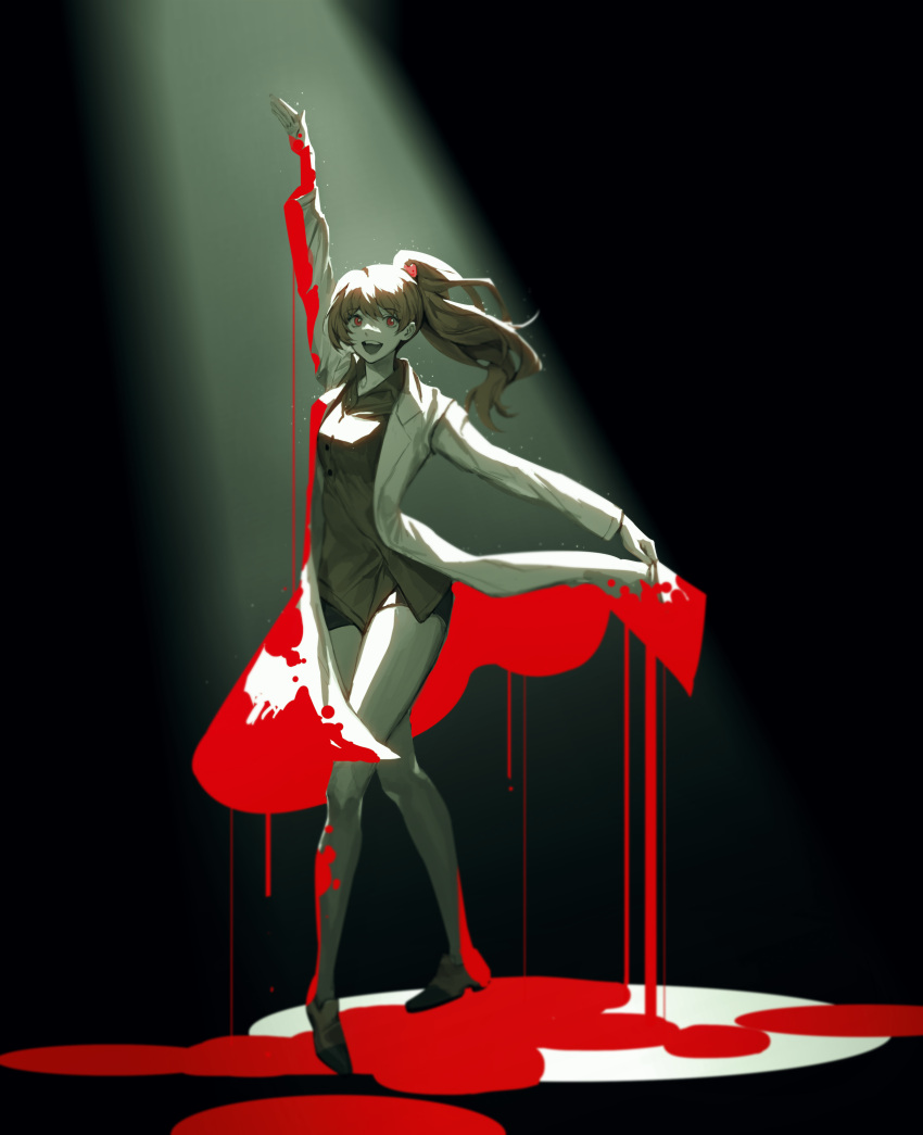 1girl absurdres arm_up black_background blood blood_on_clothes brown_hair carmen_(project_moon) carol0905 coat dancing dripping full_body highres holding holding_clothes labcoat light lobotomy_corporation looking_at_viewer open_mouth pinching ponytail pool_of_blood project_moon red_eyes shorts simple_background solo standing teeth unmoving_pattern upper_teeth white_coat
