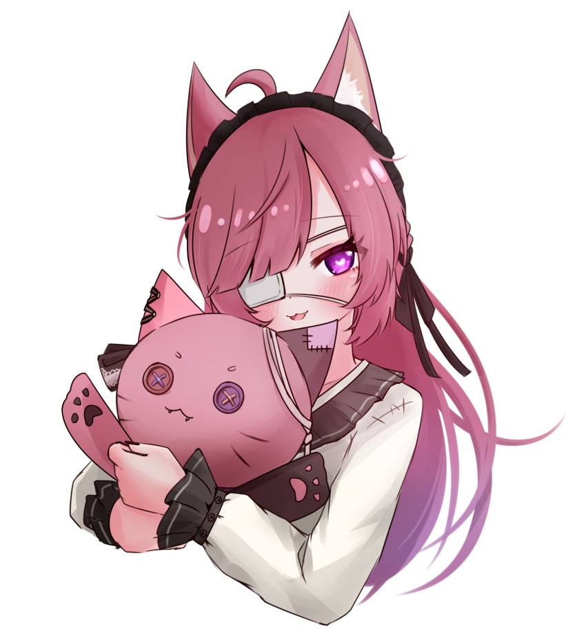 :3 ahoge animal_ears bandaged_arm bandages bangs bare_shoulders black_dress black_ribbon braid button_eyes cat_ears cat_tail dress eyebrows_visible_through_hair eyepatch fang fang_out hair_ribbon hairband heterochromia highres holding indie_virtual_youtuber long_hair mikeneko_(utaite) milk_tea_1993 nail_polish pon-chan_(mikeneko) red_eyes ribbon school_uniform sidelocks stuffed_animal stuffed_cat stuffed_toy tail upper_body violet_eyes