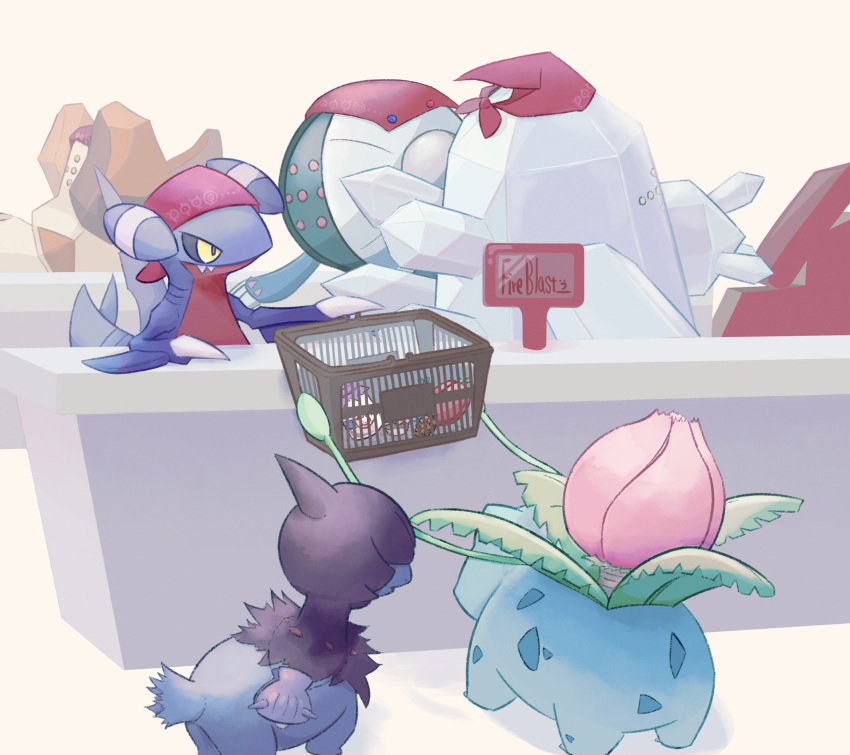 bag bottle cash_register claws deino_(pokemon) fangs fireblast food gabite head_scarf highres ivysaur no_humans pokemon pokemon_(creature) red_headwear regice regirock registeel shopping_basket signature simple_background tail yellow_eyes