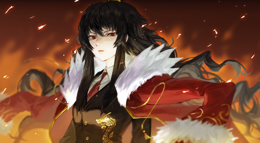 1girl absurdres black_hair carol0905 cinders dragon_print formal gold_trim highres jacket jacket_on_shoulders library_of_ruina long_hair looking_at_viewer necktie project_moon red_eyes red_necktie slight_frown solo suit upper_body xiao_(library_of_ruina)