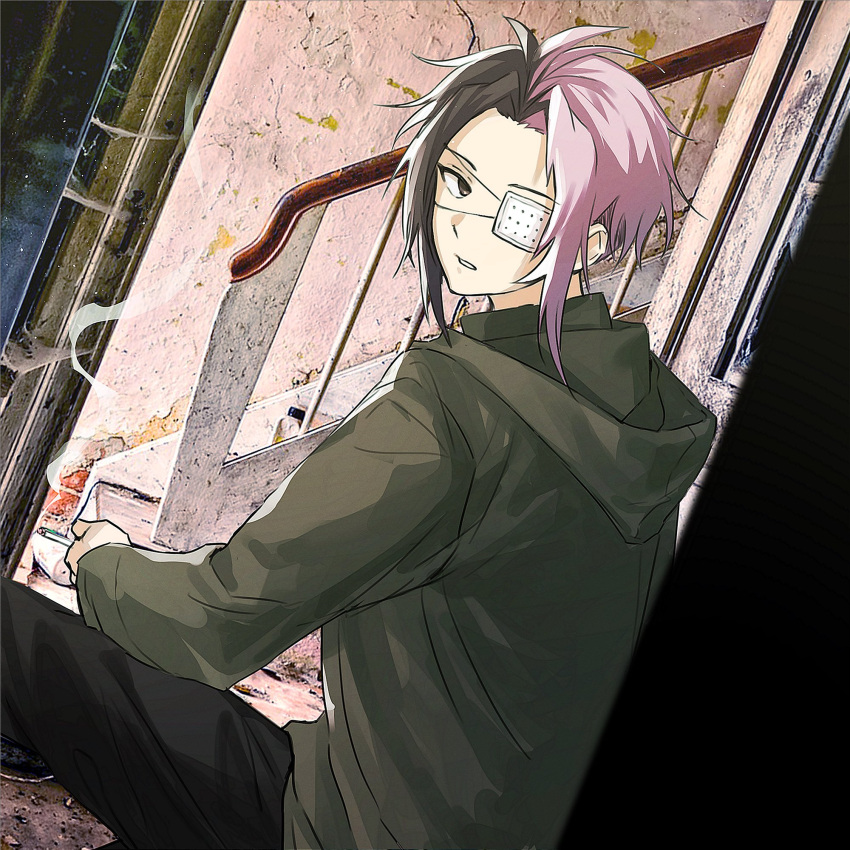 1boy black_eyes black_hair black_pants cherry_(sp_gkdla) cigarette commentary eyepatch green_hoodie highres holding holding_cigarette hood hood_down hoodie looking_back male_focus medical_eyepatch multicolored_hair mutsushika_misumi pants parted_lips photo_background pink_hair saibou_shinkyoku short_hair sitting smoke solo split-color_hair two-tone_hair