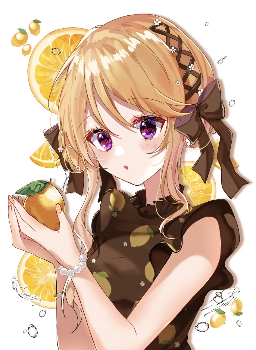 1girl blonde_hair blush bracelet food frilled_sleeves frills fruit hair_ribbon highres holding holding_food jewelry lemon looking_at_viewer open_mouth original ribbon shirt short_sleeves solo violet_eyes water_drop yume_ne