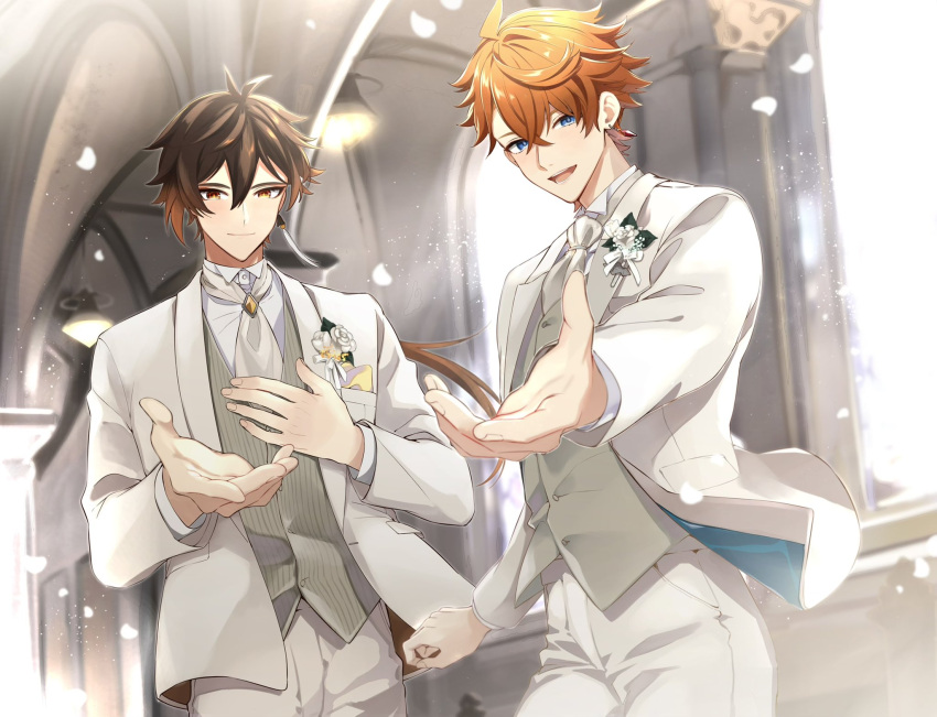 2boys ahoge alternate_costume ascot bangs beckoning blue_eyes blush brown_hair come_hither feet_out_of_frame formal genshin_impact gradient_hair hair_between_eyes highres long_hair looking_at_viewer male_focus mmmgnsn multicolored_hair multiple_boys outstretched_hand pants petals ponytail reaching_out short_hair suit tartaglia_(genshin_impact) white_day white_pants white_suit yellow_eyes zhongli_(genshin_impact)