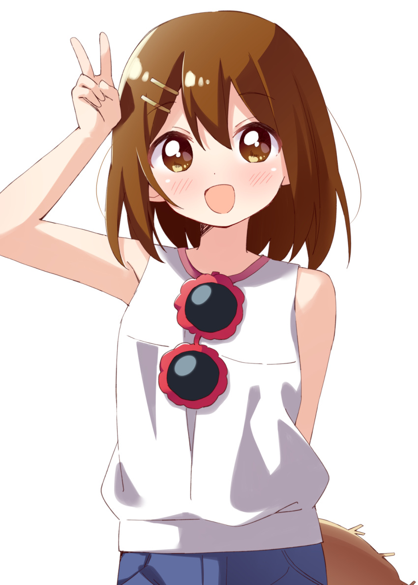 1girl :d arm_up bangs blush brown_eyes brown_hair commentary_request eyebrows_visible_through_hair hair_ornament hairclip haru_(konomi_150) highres hirasawa_yui k-on! looking_at_viewer open_mouth shirt short_hair simple_background sleeveless smile solo v white_background white_shirt