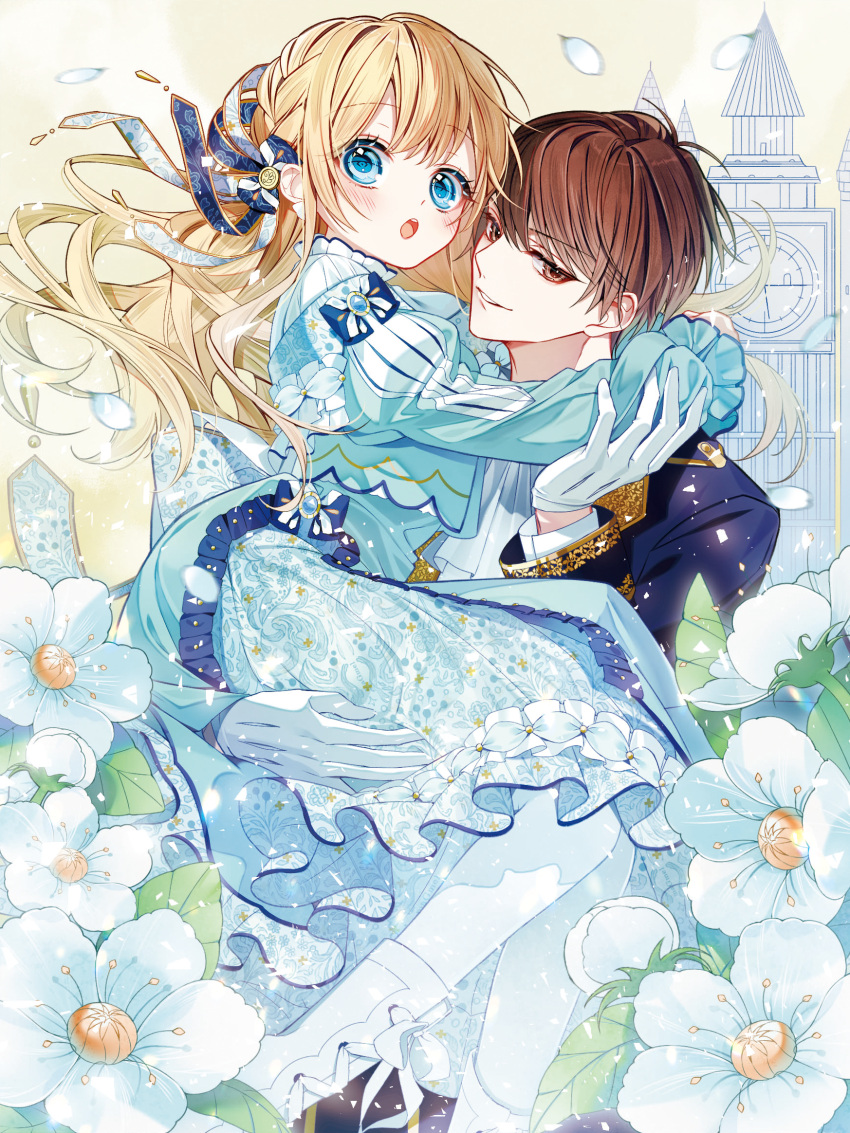 1boy 1girl blonde_hair blue_eyes blush brown_eyes brown_hair carrying chano_hinano character_request clock clock_tower copyright_request flower hair_ribbon highres male_focus official_art open_mouth princess_carry ribbon tower