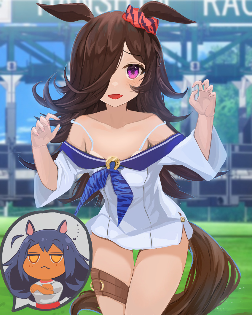 1girl absurdres ahoge alternate_costume animal_ears bigboss021 blurry blurry_background blush bra collarbone commentary_request fang hair_ornament hair_over_one_eye highres hishi_amazon_(umamusume) horse_ears horse_tail looking_at_viewer poses racetrack rice_shower_(umamusume) tail umamusume underwear
