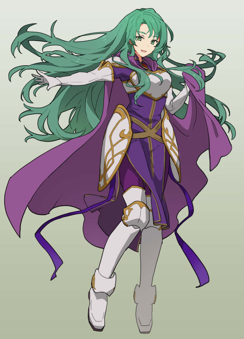 1girl :d absurdres armor asao_(vc) bangs boots breastplate cape cecilia_(fire_emblem) elbow_gloves fire_emblem fire_emblem:_the_binding_blade full_body gloves green_eyes green_hair highres holding holding_cape holding_clothes knee_boots long_hair looking_at_viewer open_mouth purple_cape shoulder_armor smile solo white_gloves