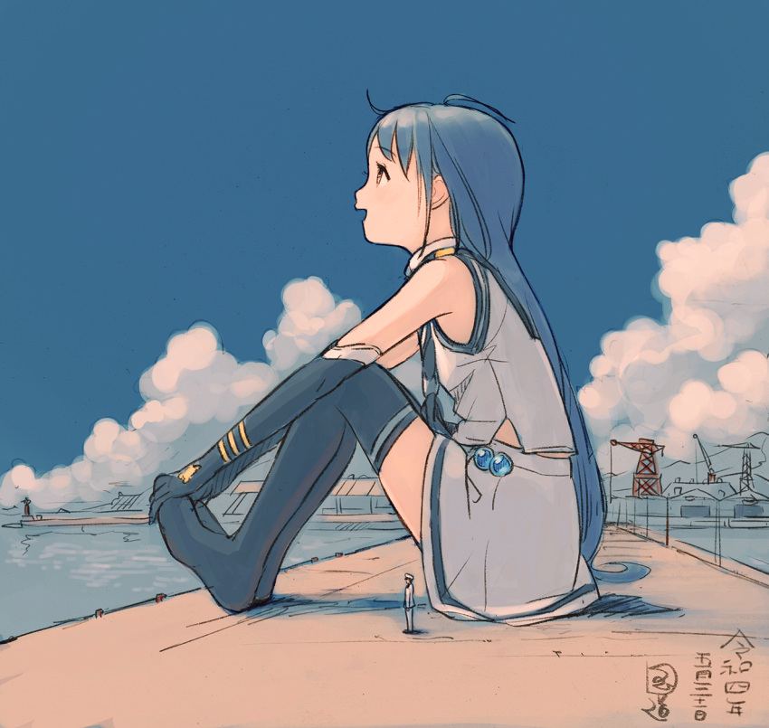 1boy 1girl admiral_(kancolle) black_gloves blue_hair clouds commentary_request dated day dock elbow_gloves eyebrows_visible_through_hair from_side giant giantess gloves highres kantai_collection kokudou_juunigou long_hair outdoors parted_lips profile samidare_(kancolle) signature sitting skirt sky sleeveless standing thigh-highs very_long_hair water white_skirt