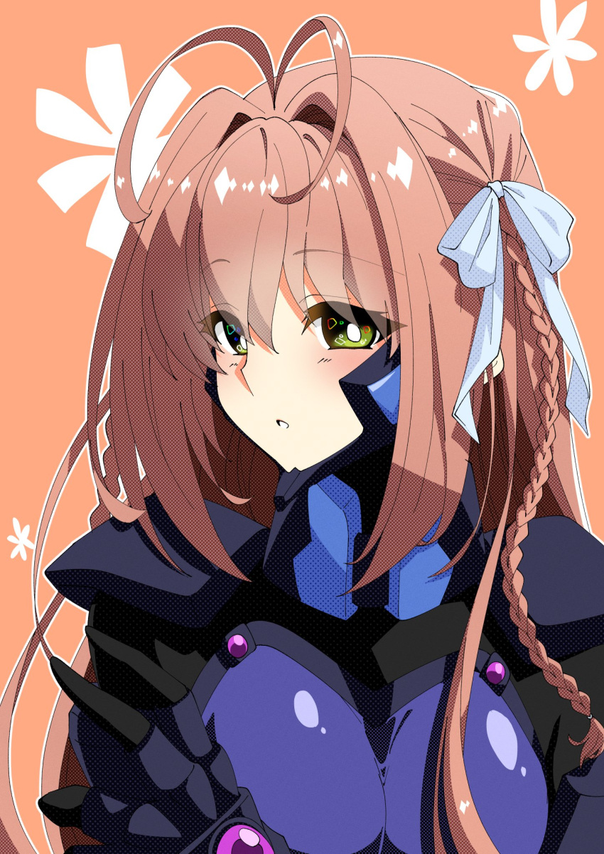 1girl antenna_hair black_gloves bodysuit bow braid breasts brown_hair eyebrows_visible_through_hair fortified_suit gloves green_eyes hair_bow hair_intakes highres kamon_rider kimi_ga_nozomu_eien medium_breasts muvluv muvluv_alternative orange_background parted_lips pilot_suit portrait purple_bodysuit side_braid solo suzumiya_haruka white_bow