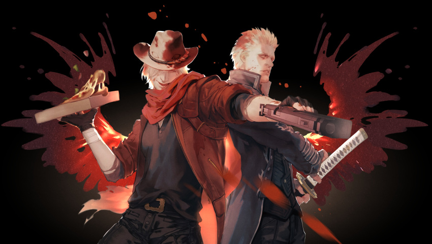2boys absurdres aiming belt black_belt black_coat black_gloves black_pants black_shirt coat dante_(devil_may_cry) devil_may_cry_(series) devil_may_cry_5 ebony_&amp;_ivory food gloves gun hat highres holding holding_gun holding_weapon long_coat multiple_boys open_clothes open_coat open_mouth pants parted_lips pizza pizza_box red_coat red_scarf scar scarf sheath sheathed shirt short_hair smile sword vergil_(devil_may_cry) vetania weapon white_hair yamato_(sword)