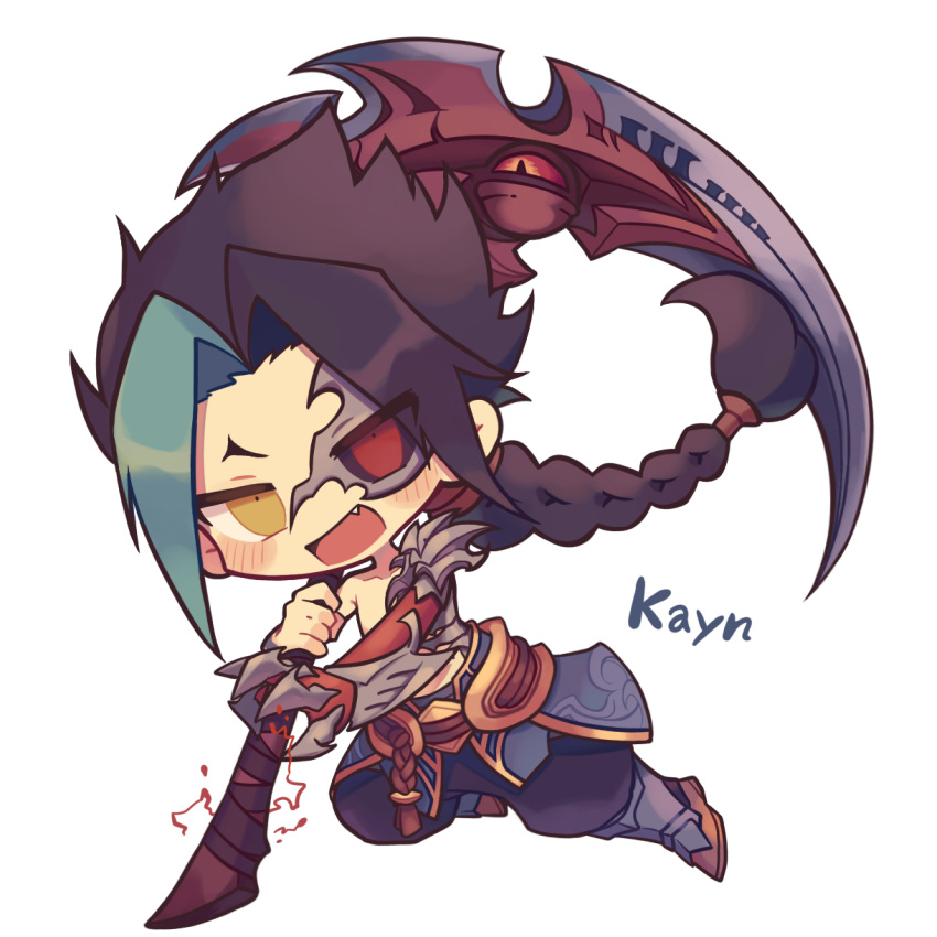 1boy armor black_hair black_sclera blue_hair blush character_name chibi claws colored_sclera corruption eyes_visible_through_hair fang greaves grey_background heterochromia highres holding holding_scythe holding_weapon kayn_(league_of_legends) league_of_legends living_weapon long_hair megusurisup multicolored_hair open_mouth over_shoulder red_eyes scythe simple_background slit_pupils smile solo tongue topless_male weapon weapon_over_shoulder yellow_eyes