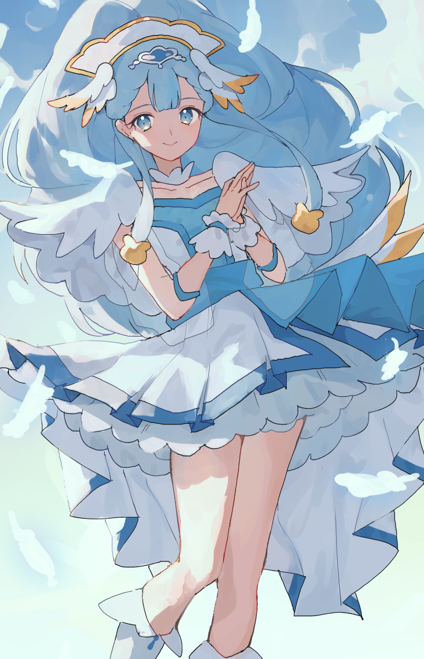 1girl absurdres blue_dress blue_eyes blue_hair blue_sky boots breasts clouds cloudy_sky collarbone cowboy_shot cure_ange day dress feathers frills hair_between_eyes hair_ornament hat heart_pouch highres hugtto!_precure kozomezuki long_hair looking_at_viewer nurse nurse_cap outdoors precure short_sleeves sky small_breasts smile two-tone_dress very_long_hair white_dress white_footwear yakushiji_saaya