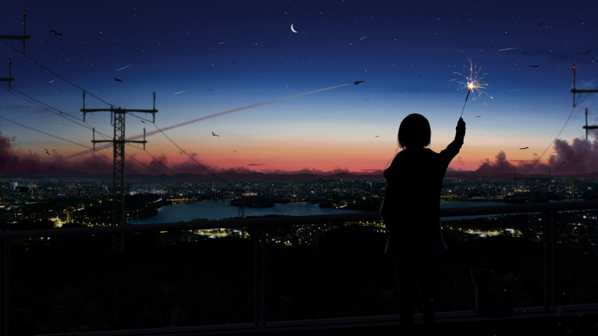 1girl absurdres aircraft building chinese_commentary city city_below city_lights cityscape clouds contrail crescent_moon evening fireworks from_behind highres holding holding_fireworks horizon jacket lake moon mountainous_horizon original power_lines railing scenery short_hair silhouette sky skyscraper solo sparkler standing star_(sky) starry_sky utility_pole yu_jing
