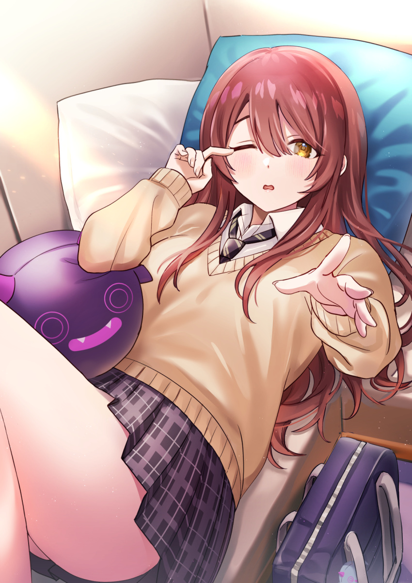 1girl 8n0_g bag bangs black_necktie black_skirt blush breasts brown_hair collared_shirt commentary couch cowboy_shot debi_tarou eyebrows_behind_hair hair_between_eyes highres idolmaster idolmaster_shiny_colors long_hair looking_at_viewer lying medium_breasts necktie on_couch on_pillow one_eye_closed open_mouth osaki_tenka outstretched_arm pillow plaid plaid_skirt pleated_skirt rubbing_eyes school_bag school_uniform shirt skirt solo striped_necktie stuffed_toy sweater thighs white_shirt yellow_eyes yellow_sweater