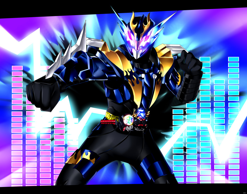 1boy absurdres armor belt bodysuit build_driver clenched_hand fighting_stance full_armor gloves glowing glowing_eyes headgear helmet highres kamen_rider kamen_rider_build_(series) kamen_rider_cross-z orange_armor pauldrons reiei_8 rider_belt shoulder_armor symphogear_pendant tokusatsu trait_connection visor