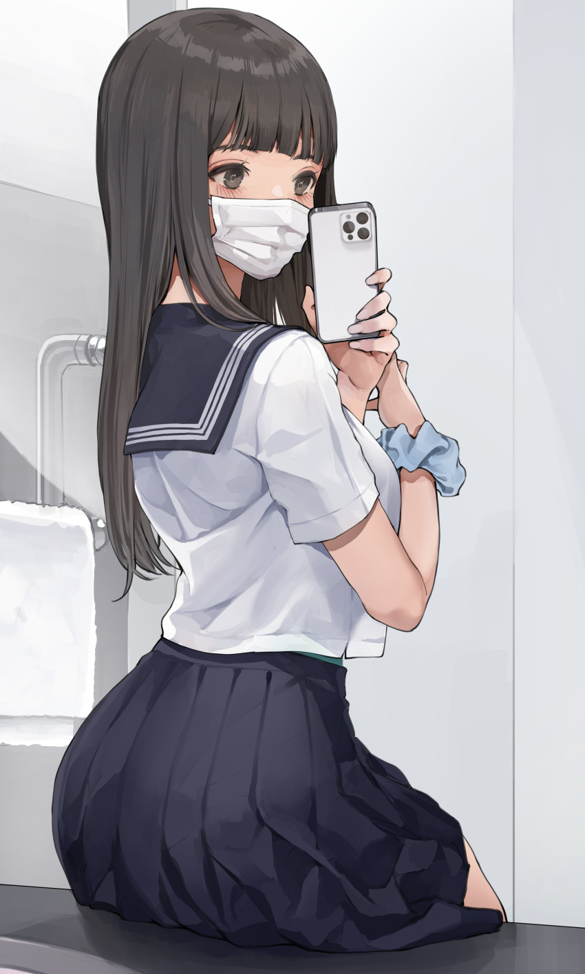 1girl absurdres ass bangs black_eyes black_hair blunt_bangs blush breasts cellphone highres koh_(minagi_kou) long_hair mask mouth_mask original phone pleated_skirt school_uniform scrunchie serafuku sitting skirt smartphone solo towel white_mask wrist_scrunchie