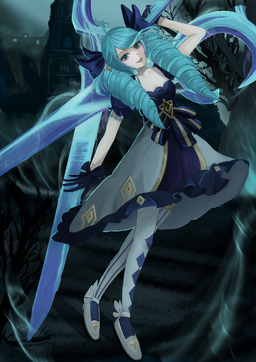 1girl absurdres ahoge aqua_eyes arm_up asymmetrical_legwear bare_tree blue_bow blue_gloves blue_hair blue_theme bow collarbone dress eyelashes eyeshadow fog frilled_dress frills gloves glowing glowing_weapon gwen_(league_of_legends) hair_bow hetero highres holding holding_scissors huge_weapon kabixv521 league_of_legends light_blue_hair long_hair makeup mismatched_legwear outdoors oversized_object parted_lips pink_eyeshadow pink_pupils puffy_sleeves purple_lips ruins scissors smile solo star-shaped_pupils star_(symbol) striped striped_bow striped_legwear symbol-shaped_pupils thigh-highs tree twintails weapon white_footwear white_legwear