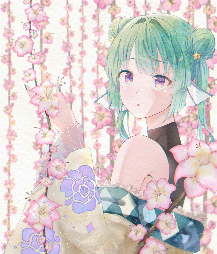 1girl bangs bare_shoulders black_bodysuit bodysuit bonnu_uwu double_bun english_commentary finana_ryugu fish_girl floral_print flower green_hair green_nails hair_bun hair_ornament halterneck head_fins highres japanese_clothes kimono long_hair looking_at_viewer looking_to_the_side nail_polish nijisanji nijisanji_en off_shoulder official_alternate_costume parted_lips pink_flower plant purple_flower solo star_(symbol) star_hair_ornament twintails upper_body vines violet_eyes virtual_youtuber white_kimono