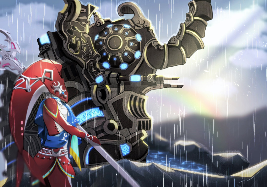 1girl blue_sash bracelet colored_skin elephant fins fish_girl from_side hair_ornament highres holding holding_trident holding_weapon jewelry kuroitubu mipha monster_girl multicolored_skin outdoors polearm rain red_skin sash standing the_legend_of_zelda the_legend_of_zelda:_breath_of_the_wild trident vah_ruta water weapon white_skin zora