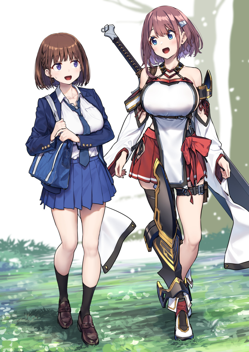 2girls absurdres ai-chan_(tawawa) ankle_boots armor baffu bag bangs blazer blue_eyes blue_jacket blue_necktie blue_skirt boots breasts brown_footwear brown_hair brown_legwear collared_shirt fold-over_boots getsuyoubi_no_tawawa greatsword hakama hakama_short_skirt hakama_skirt highres hitoyo_(baffu) huge_breasts huge_weapon jacket japanese_clothes loafers multiple_girls necktie open_clothes open_jacket open_mouth original panties pleated_skirt red_hakama school_bag school_uniform shirt shirt_tucked_in shoes short_hair side-tie_panties side_cutout single_thighhigh skindentation skirt socks sword sword_behind_back thigh-highs thigh_pouch underwear violet_eyes weapon white_shirt