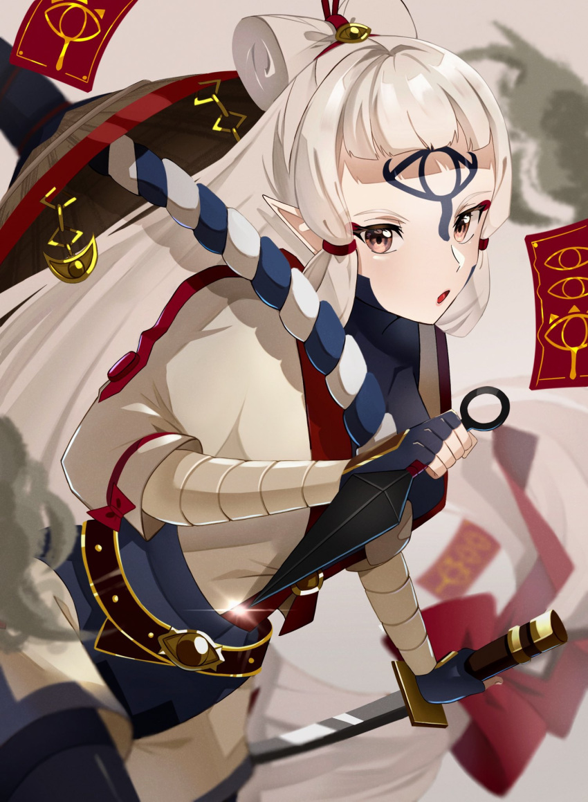 1girl eye_symbol facial_mark forehead_mark gloves highres holding holding_sword holding_weapon hyrule_warriors:_age_of_calamity impa katana kunai kuroitubu long_hair looking_at_viewer open_mouth pointy_ears red_eyes sheikah solo sword talisman the_legend_of_zelda the_legend_of_zelda:_breath_of_the_wild weapon white_hair