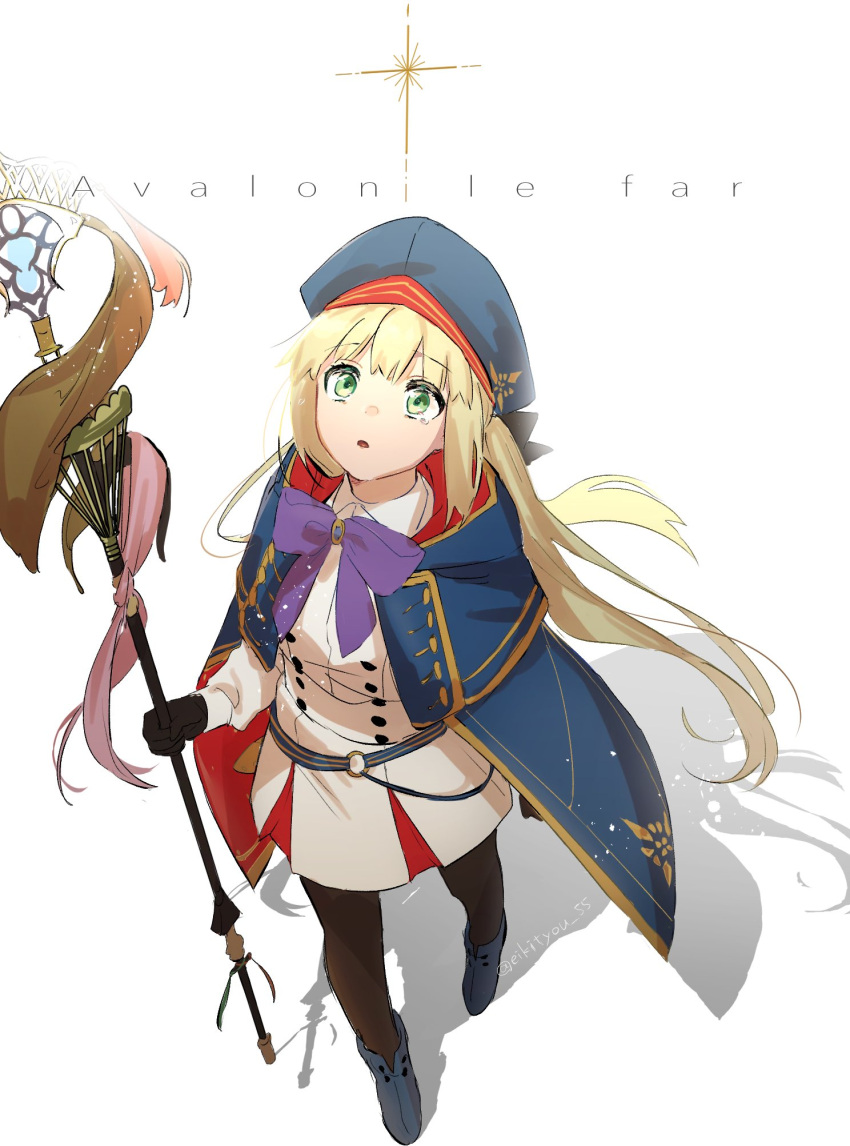 1girl ankle_boots artoria_caster_(fate) artoria_caster_(second_ascension)_(fate) artoria_pendragon_(fate) bangs belt beret black_bow black_gloves blonde_hair blue_raincoat blush boots bow eiki_(eikityou_55) eyebrows_visible_through_hair fate/grand_order fate_(series) full_body gem gloves green_eyes green_gemstone hair_between_eyes hair_ornament hat highres long_hair looking_at_viewer multiple_tails open_mouth purple_bow raincoat shadow shirt simple_background skirt solo star_(symbol) tail two_tails white_shirt white_skirt