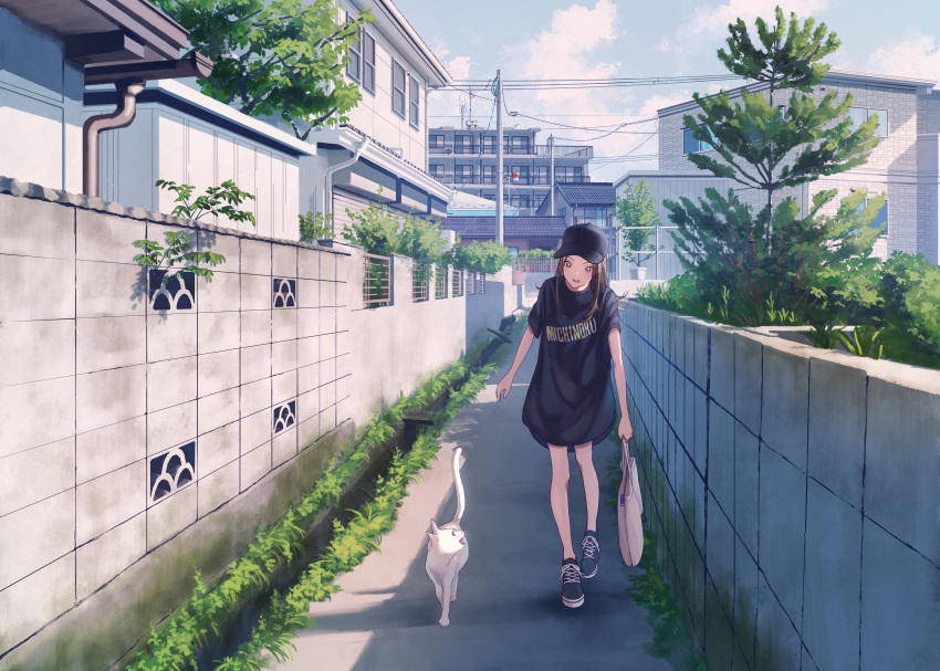 1girl absurdres apartment bag baggy_clothes baseball_cap black_footwear black_headwear black_shirt brown_eyes brown_hair cat city clouds commentary_request day hat highres holding holding_bag house michinoku_(hiking_miusan18) original outdoors power_lines railing road scenery shirt shoes short_sleeves sidelocks sky smile sneakers stone_wall street tree utility_pole vanishing_point walking wall white_cat window