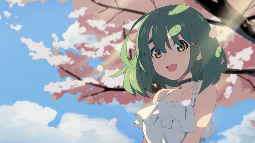 1girl ahoge breasts camisole cherry_blossoms choker clouds flower green_hair hair_flower hair_ornament light_rays looking_at_viewer medium_breasts open_mouth original outdoors rang_go short_hair sky smile solo spaghetti_strap sunlight teeth thick_eyebrows tree upper_body upper_teeth white_camisole yellow_eyes
