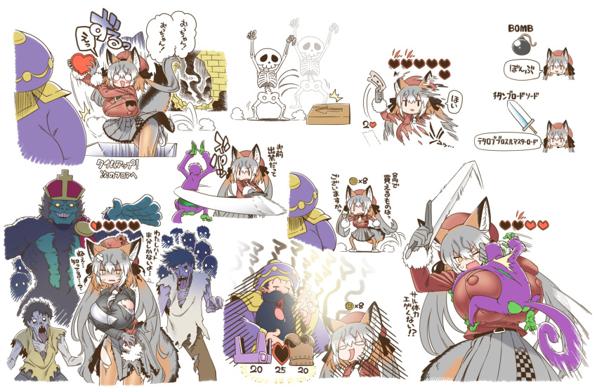 animal_costume animal_ear_fluff animal_ears blazer breasts crypt_of_the_necrodancer fox_ears fox_girl fox_tail gloves hat highres huge_breasts island_fox_(kemono_friends) jacket kemono_friends kemono_friends_v_project large_breasts long_hair multicolored_hair necktie parody ribbon shirt skeleton skirt sword tail twintails virtual_youtuber weapon yoshida_hideyuki zombie