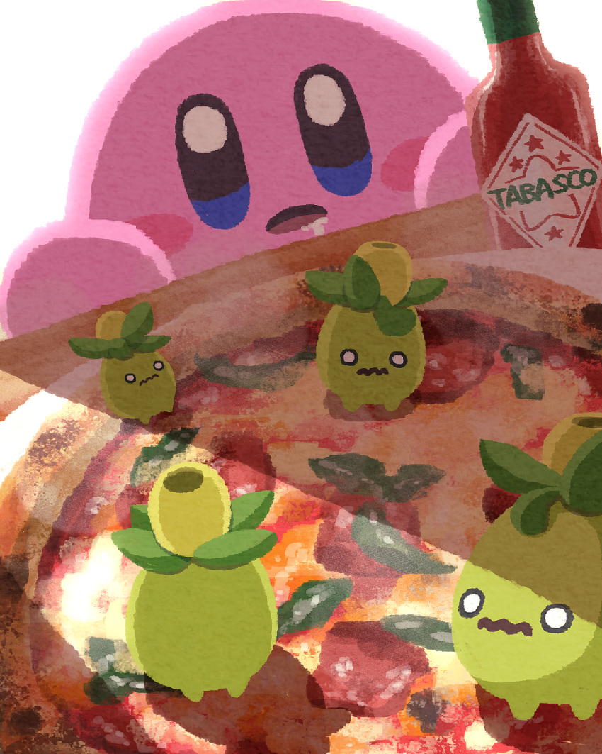 blue_eyes blush_stickers drooling food highres kirby kirby_(series) miclot pizza pizza_box pokemon size_difference smoliv tabasco