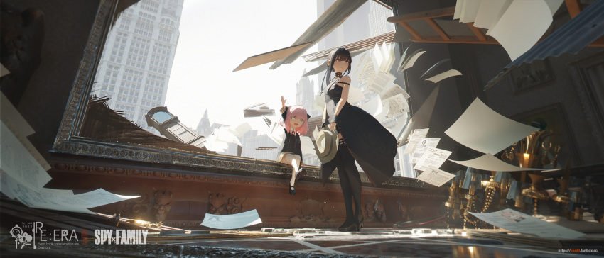 2girls :d absurdres ahoge anya_(spy_x_family) arm_up backlighting bangs black_dress black_footwear black_gloves black_hair black_legwear blurry blurry_background building chandelier child cityscape clock collared_shirt commentary_request copyright_name day dress eden_academy_uniform english_commentary fanbox_username female_child flying_paper glint gloves green_eyes hair_over_eyes hairband hairpods hat high_heels highres holding holding_clothes holding_hat ladder light_blush looking_to_the_side mary_janes md5_mismatch medium_hair mixed-language_commentary mother_and_daughter multiple_girls open_mouth overcast painting_(object) paper paper_stack picture_(object) pink_hair red_eyes revision scenery school_uniform shirt shoes short_dress sidelocks sitting sleeveless sleeveless_dress smile spy_x_family square_neckline standing thigh-highs void_0 waist_cape white_headwear white_legwear white_shirt wide_shot yor_briar