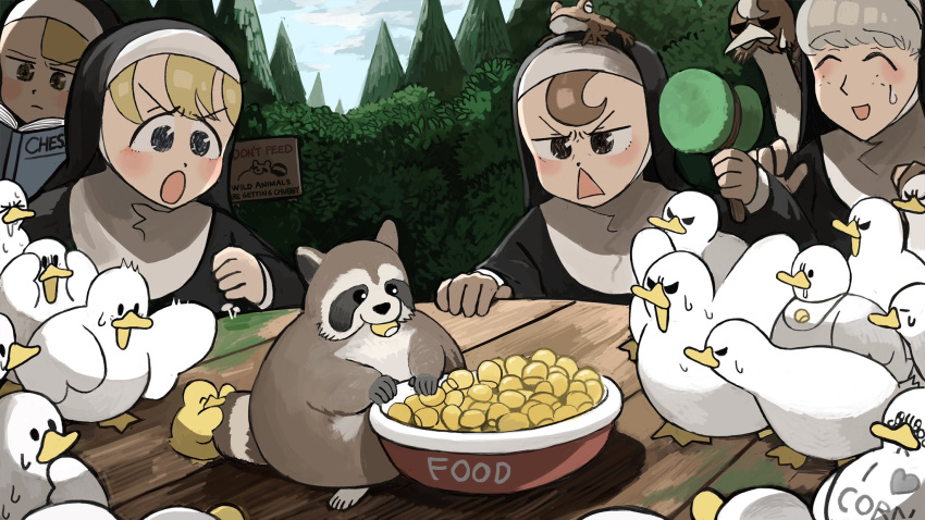 4girls :&lt; :o animal_on_head bib bird biting blonde_hair blue_eyes body_writing book bowl brown_eyes brown_hair catholic chicken closed_eyes clumsy_nun_(diva) corn diva_(hyxpk) drooling duck duckling eating freckles frog froggy_nun_(diva) grey_hair habit highres little_nuns_(diva) multiple_girls note nun on_head ostrich raccoon reading sheep_nun_(diva) sign smile spicy_nun_(diva) surprised sweat sweating_profusely tail tail_biting tearing_up tree yellow_eyes