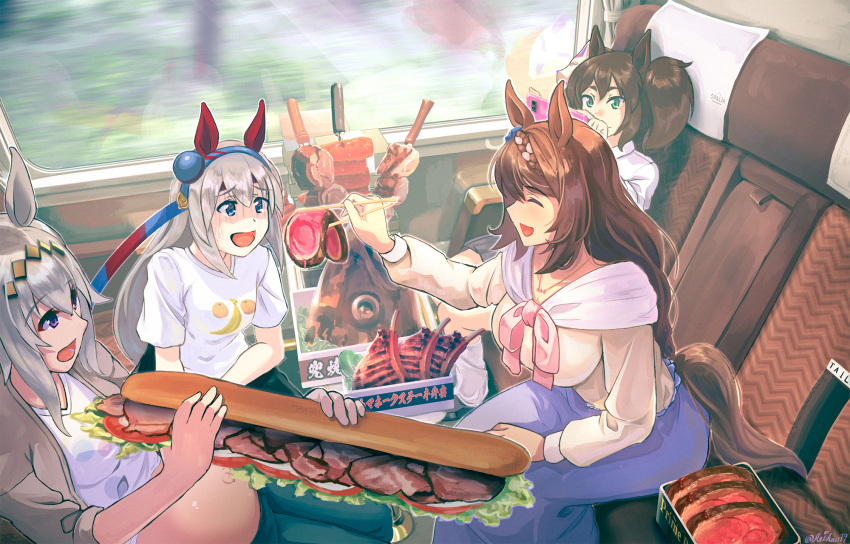 4girls animal_ears bangs black_shorts blue_eyes blue_hairband blue_skirt blush bow bowtie breasts brown_coat brown_hair closed_eyes closed_mouth coat commentary_request ear_covers eyebrows_visible_through_hair feet_out_of_frame fish_head food fox_mask full_stomach gloom_(expression) green_eyes grey_hair hair_between_eyes hairband highres holding horse_ears horse_girl horse_tail inari_one_(umamusume) large_breasts lettuce long_hair long_skirt mask mask_on_head meat medium_breasts multiple_girls oguri_cap_(umamusume) open_clothes open_coat open_mouth outie_navel pink_bow pink_bowtie reihou19 ribs_(food) shirt shorts skewer skirt smile submarine_sandwich super_creek_(umamusume) tail taking_picture tamamo_cross_(umamusume) tomato_slice train_interior twintails twitter_username umamusume very_long_hair violet_eyes white_shirt yellow_shirt