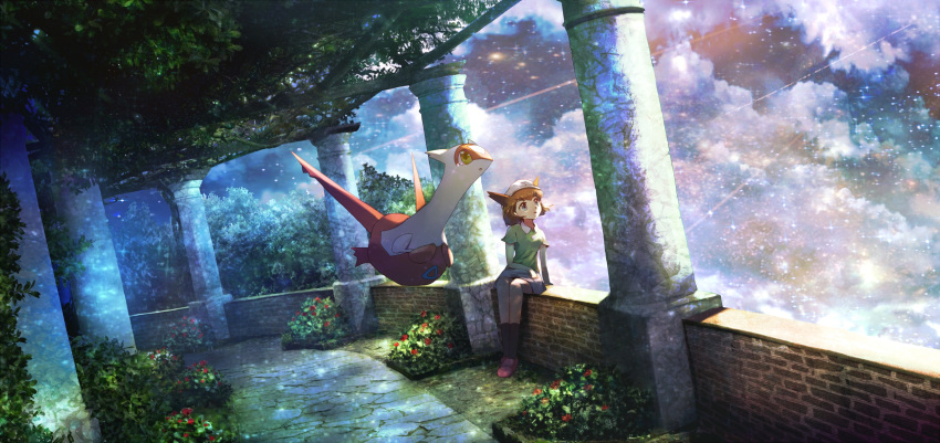 1girl bangs bianca_(pokemon_heroes) black_legwear blue_eyes breasts brick_wall brown_hair bush cabbie_hat clouds cloudy_sky collared_shirt column commentary_request diffraction_spikes dragon dutch_angle floating flower full_body garden green_shirt hair_flaps hand_on_lap hat highres latias legs_together light_particles looking_afar looking_up miniskirt on_wall open_mouth outdoors pillar pink_footwear plant pokemon pokemon_(anime) pokemon_(classic_anime) pokemon_(creature) pokemon_heroes:_latios_&amp;_latias red_flower red_footwear revision ribero shirt shoes short_hair short_sleeves sidelocks sitting skirt sky small_breasts socks star_(sky) starry_sky tears trellis white_headwear white_skirt wide_shot yellow_eyes