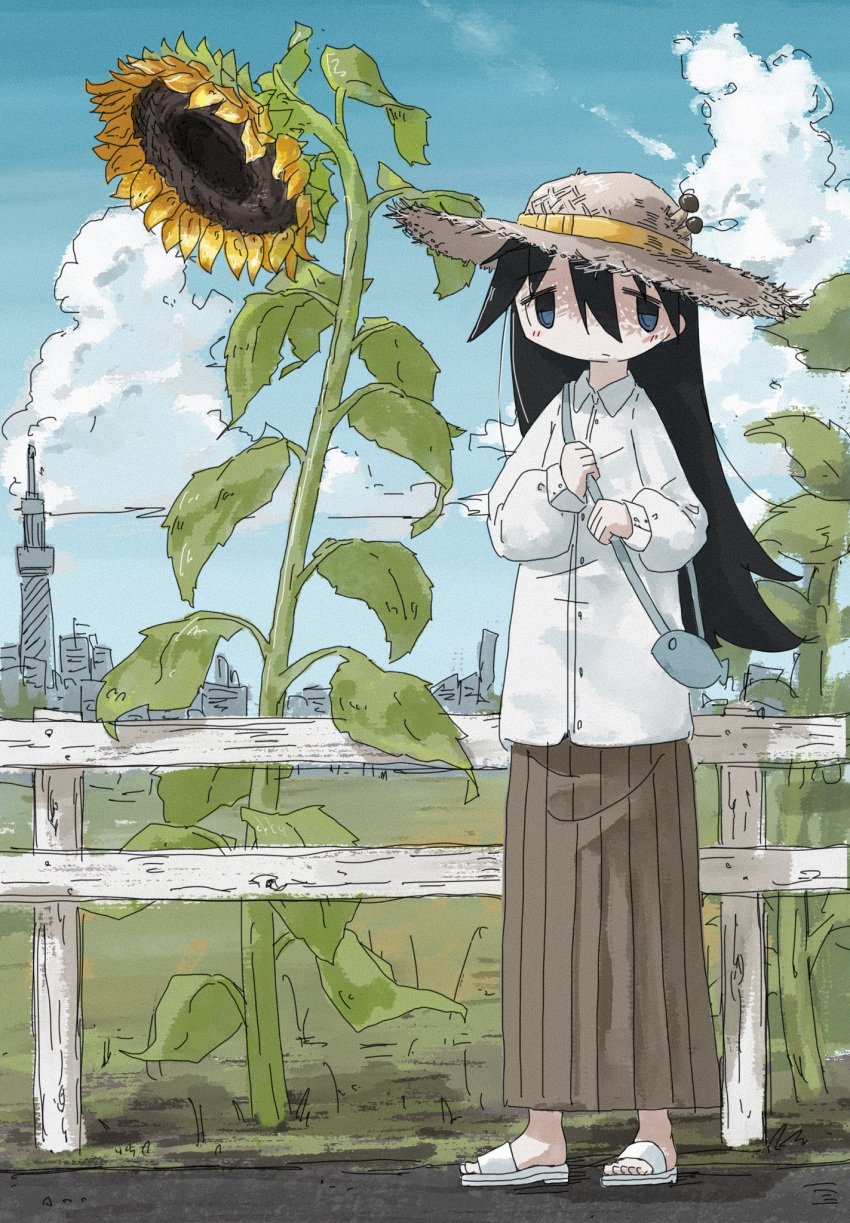 1girl animal_print artist_request black_hair blue_eyes blush brown_skirt building city clouds day egg_(food) fence field fish_print flower food food_on_head grass hat highres long_hair long_skirt long_sleeves looking_at_viewer mushroom mushroom_on_head non-web_source object_on_head outdoors sandals shimeji_simulation shirt skirt solo straw_hat sunflower tsukushima_shijima wooden_fence yellow_flower