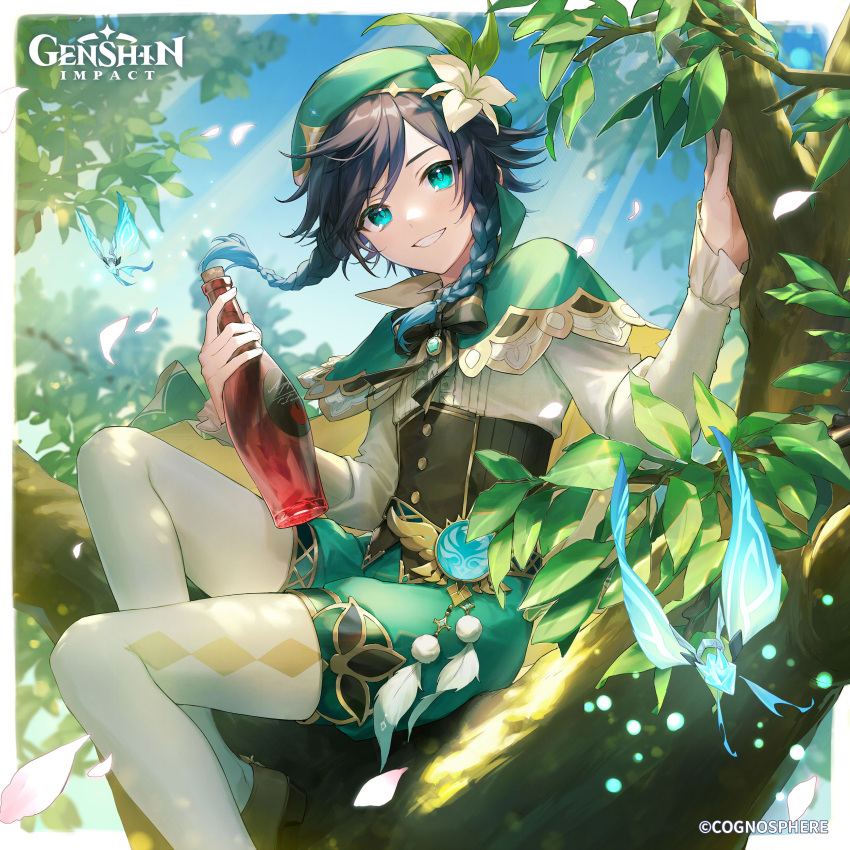 1boy absurdres aqua_eyes bangs beret bottle bow bowtie capelet collared_capelet company_name copyright dark_blue_hair day feathers genshin_impact gradient_hair green_shorts hat highres holding holding_bottle in_tree long_sleeves looking_at_viewer male_focus multicolored_hair official_art petals pom_pom_(clothes) second-party_source short_hair_with_long_locks shorts sidelocks solo tree usuke_(u_skeeep) venti_(genshin_impact) vision_(genshin_impact) white_legwear wine_bottle